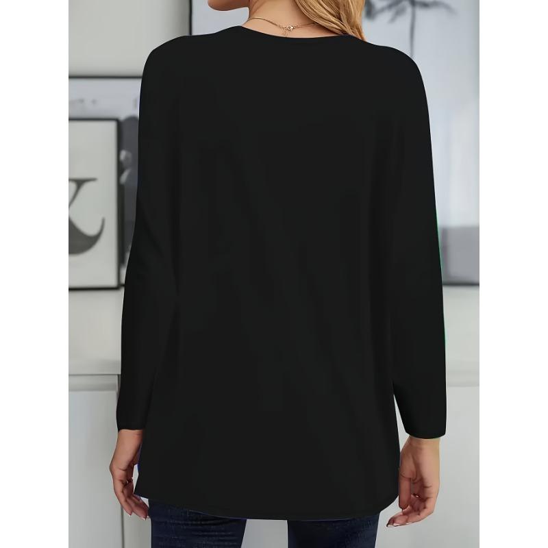 Women's Plus Size Casual Long Sleeve T-Shirt with Rhinestone Heart Design, Side Pockets and Crew Neck - Stretch Polyester