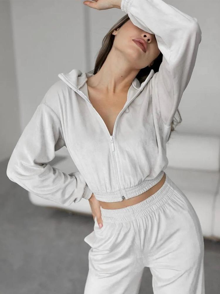 2026 New Style Women's Zip Up Hoodie Sweatshirt Set Long Sleeve Polo Collar Top with Pants Casual Tracksuit