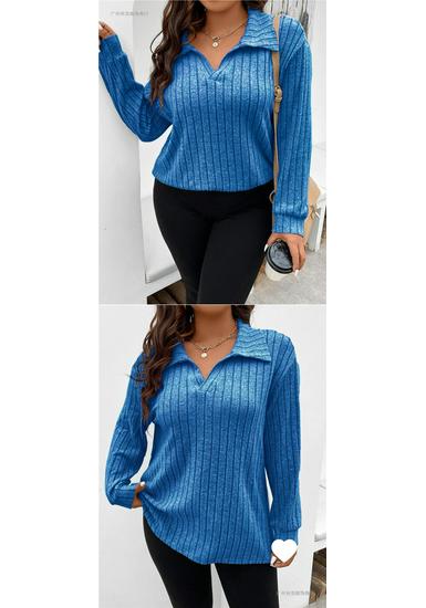 2026 Autumn/Winter Plus Size Women's V-Neck Long Sleeve Ribbed Brushed Loose Top