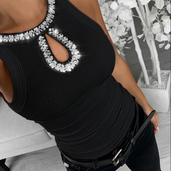 Women Vest Round Neck Sleeveless Shiny Sequin Decoration Tank Tops Hollow Design Slim Fit Camisole Daily Wear