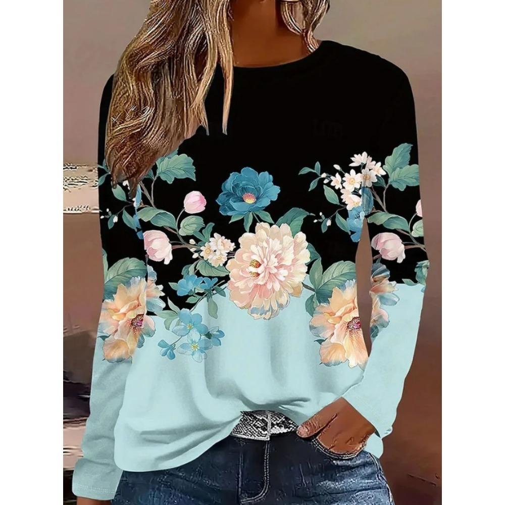 Ladies' Casual Long Sleeved T-shirt with Black and White Contrasting Pattern