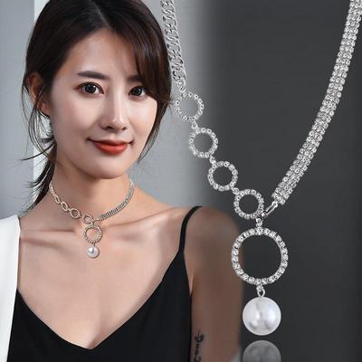 Lehký Luxus Temperament Plný Diamant Velký Kruhový Perlový Náhrdelník Smysl pro Design Spojování Klíční Kosti Řetízek Dámské Sexy Šperky