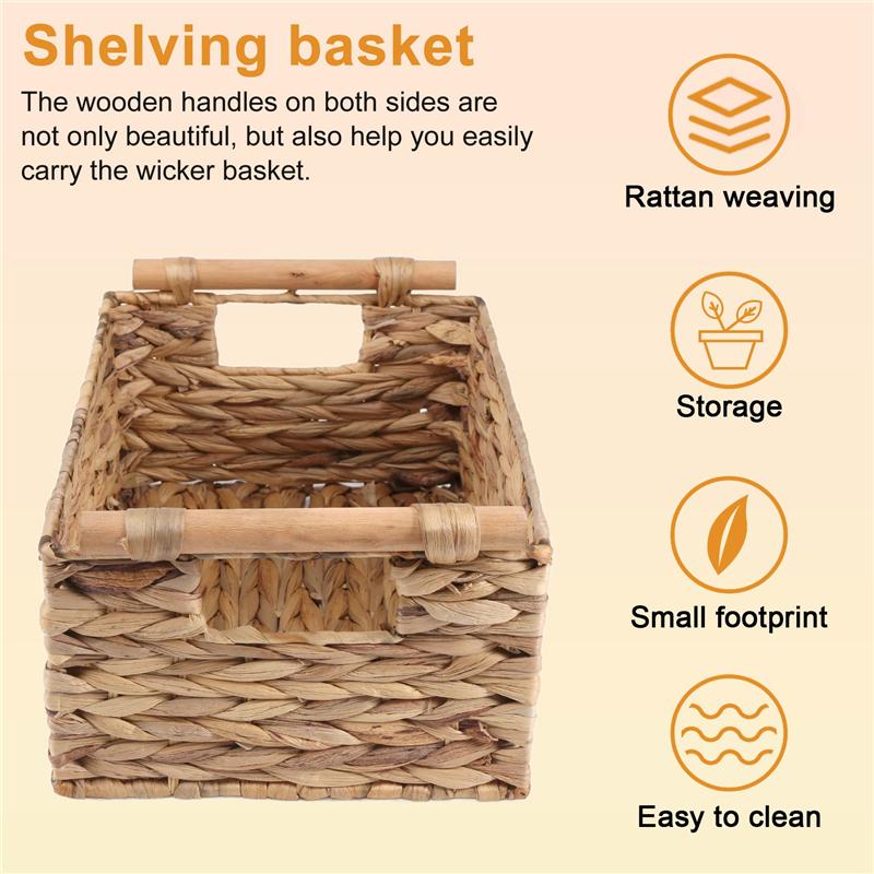 ABWR-Wicker Basket Rectangular With Wooden Handles For Shelves,Water Hyacinth Basket Storage,Natural Baskets