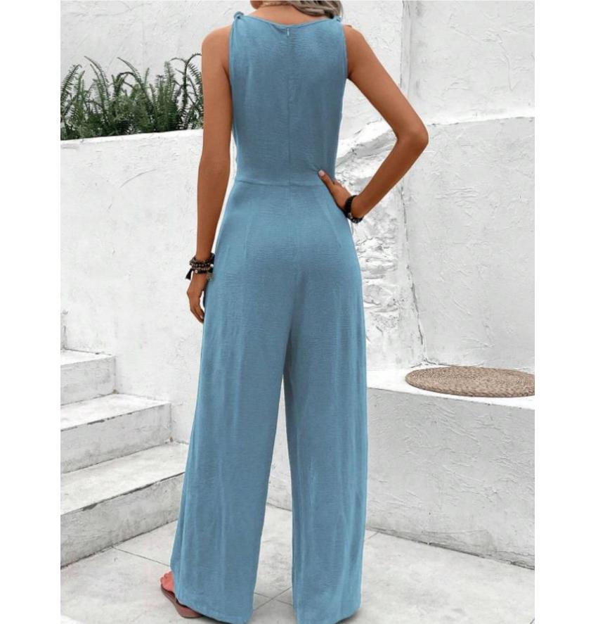 Fashion Solid Jumpsuit For Women Casual Sleeveless V Neck Lace-Up Wide Leg Pants Jumpsuits Lady Summer Holiday Womens Clothing