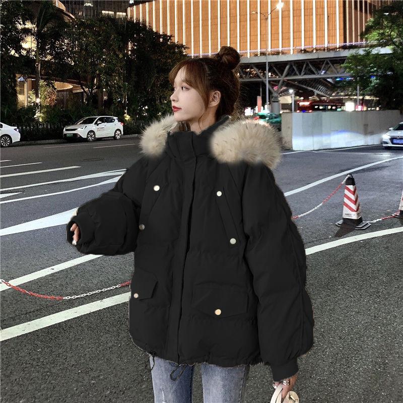 

Корейская куртка из искусственного меха, женские короткие пальто, зимняя корейская версия, свободные и толстые студенческие хлопковые парки, большой меховой воротник, трендовая куртка-хлеб XXXL чёрный
