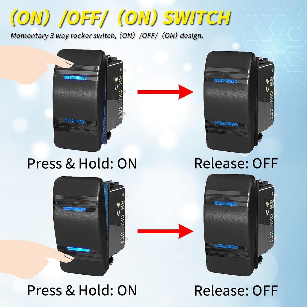 Joinfworld Momentary Rocker Switch Waterproof (ON)-Off-(ON) 3 Position Rocker Switch 12V 20A DPDT 7 Pin Blue LED Boat Switch Toggle for Automotive