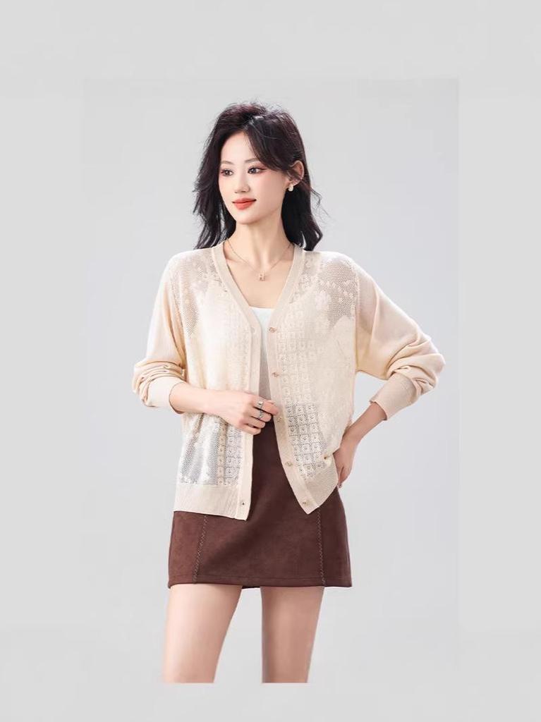 2026 Spring/Summer Korean Style Plus Size Women's Hollow Knit Cardigan Sweater