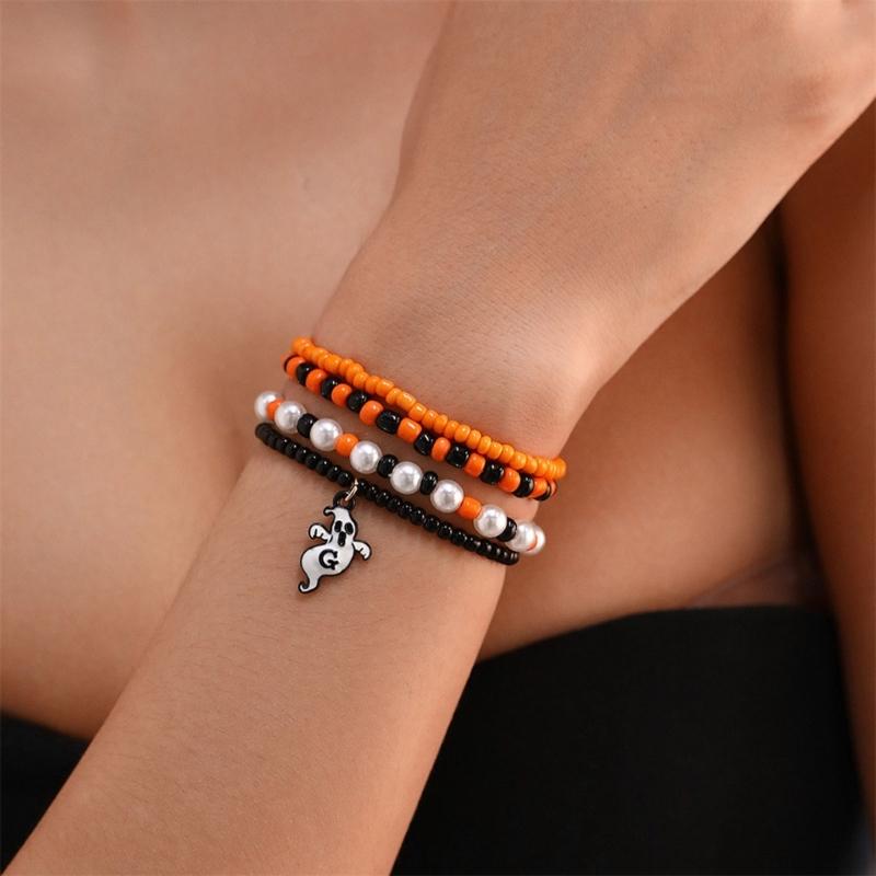 Halloween Beaded Bracelets Set Pumpkin Skull Bracelets for Women Jewelry Gift