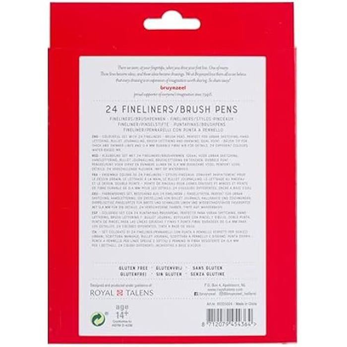 Bruynzeel Creatives Fineliner/Brush Pen Set of 24 Colors | Double-tip Pens for Writing, Drawing, and Books