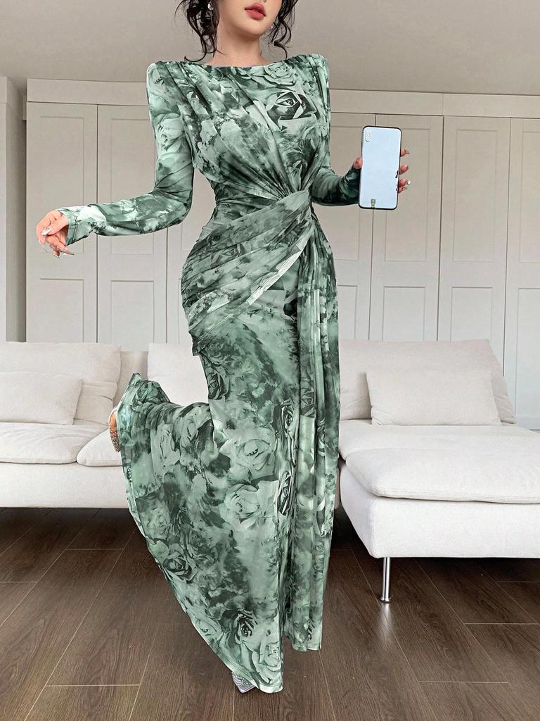 2025 Summer European & American U-Neck Long Sleeve Patchwork Slim Fit Printed Women's Dress
