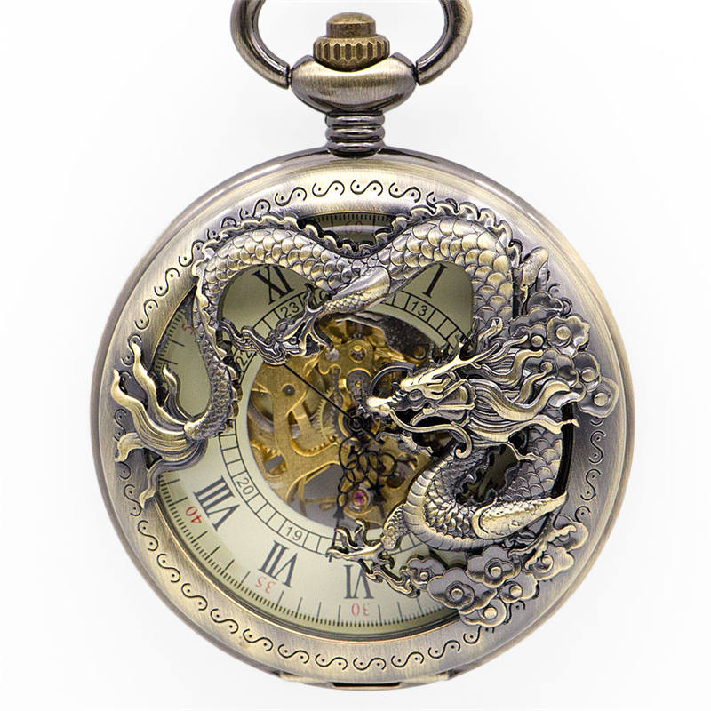 

5pc/lot High Quality Bronze Dragon Roman Numberal Hollow Case Pocket Watches With Fob Chain Pendent for Men Women PJX1346
