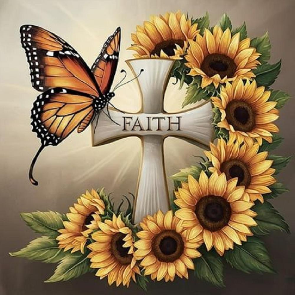 30x30cm Sunflower Butterfly Cross 5D DIY Full Drill Round Diamond Painting Kit China Mainland