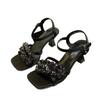 2025 super fire sandals fashion rhinestone word with thick heel square head crystal high heels women's summer skirt
