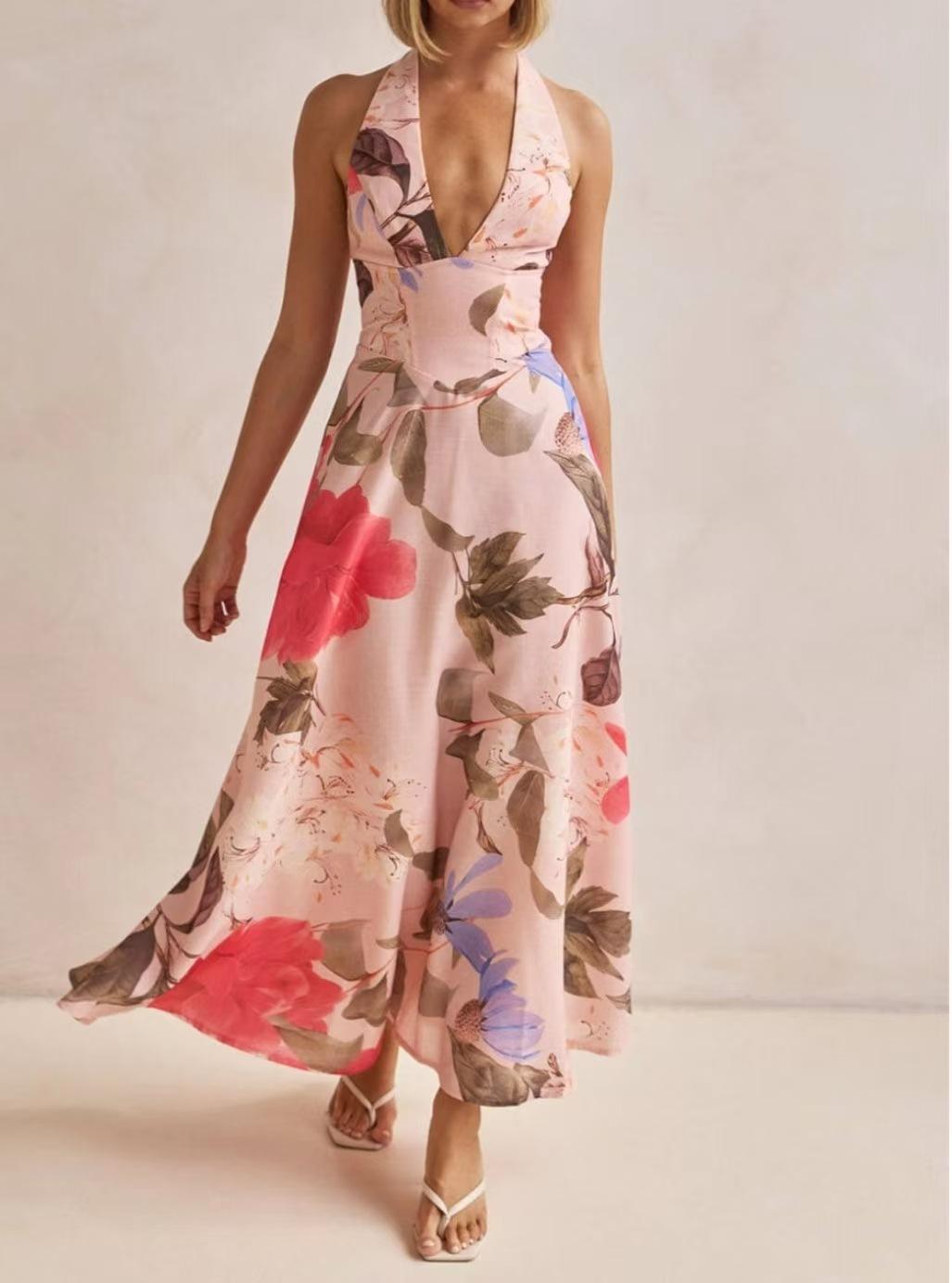2026 European and American new V-neck neck backless strap seaside vacation style long dress S