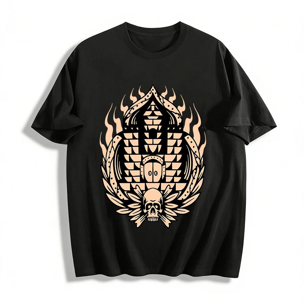 

Vintage Dark Flame Castle Skull Print Trendy Casual T-Shirt Pure cotton T-shirt XXS
