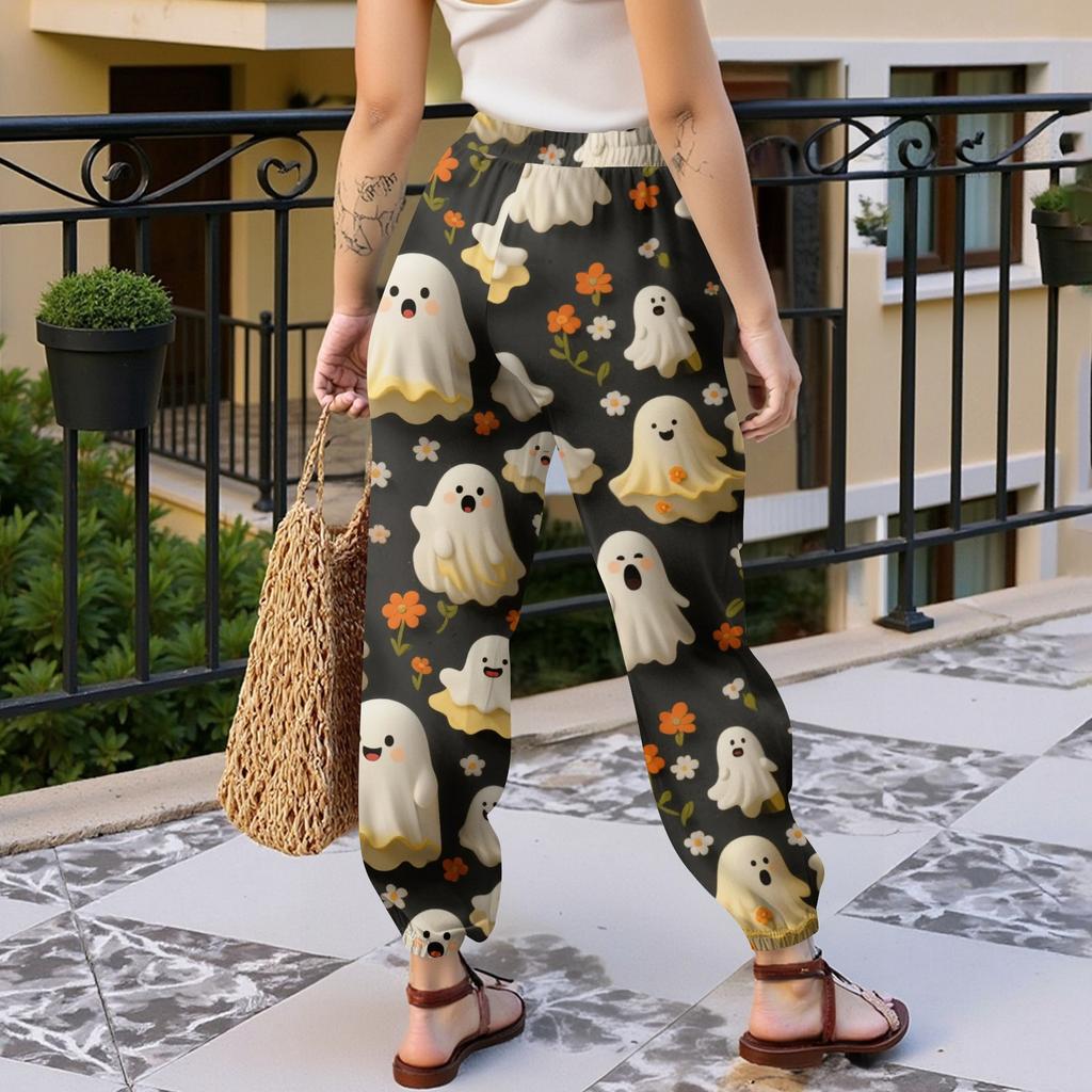 Damen Casual Mode Halloween Print Freizeithose Jogginghose Lange Hose Kordelzug Elastischer Bund Bündchenhose