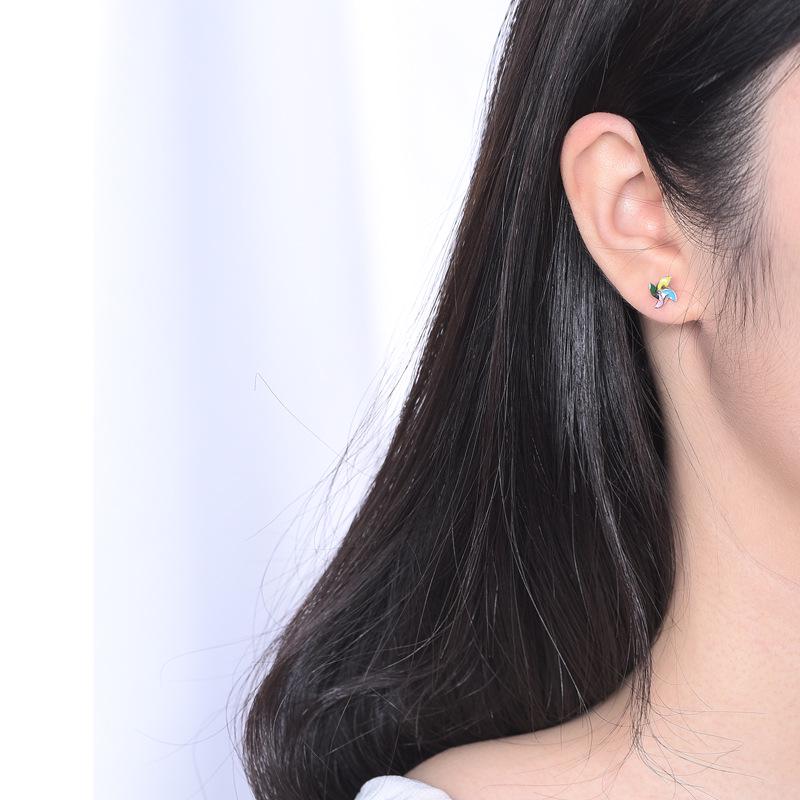 S925 Silver Glaze Colorful Windmill Stud Earrings - Star Style, Simple & Cute