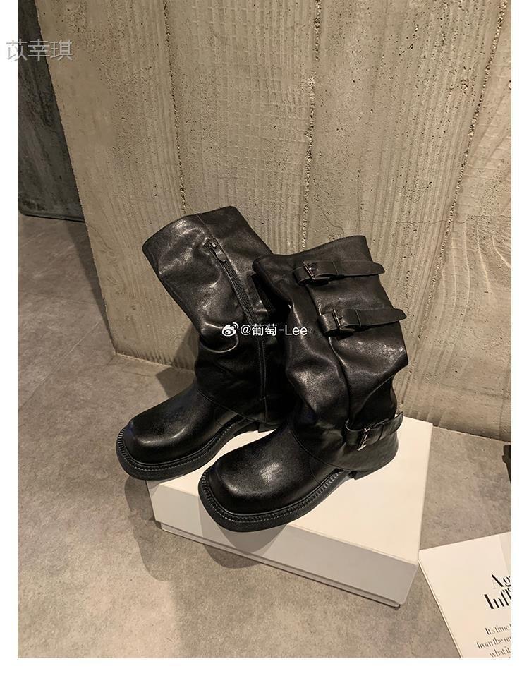Height increase of 6cm~ 2025 Spring and Autumn new fashionable belt buckle square round head pleated medium tube knight boots women's autumn