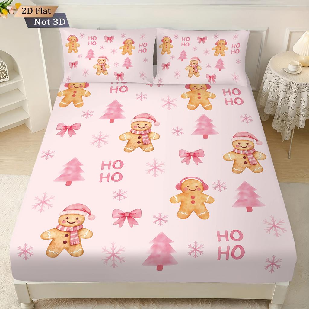 3Pcs Pink Christmas Gingerbread Printed Coreless Bed Sheet Set Multiple Sizes Comfortable Bed Covers Bedding Holiday Decorations