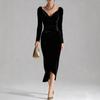 2025 Women's Casual Golden Velvet Slim Fit Long Sleeve Pleated Split Dress
