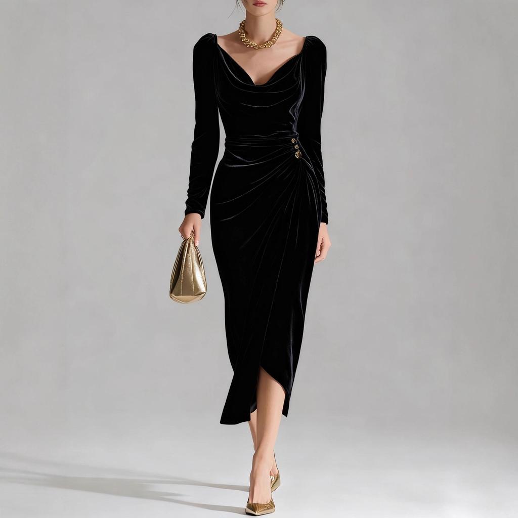 2025 Women's Casual Golden Velvet Slim Fit Long Sleeve Pleated Split Dress