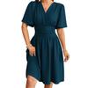 Summer Casual V Neck Short Sleeve A Line Midi Dress Women Solid Color Fashion Dress