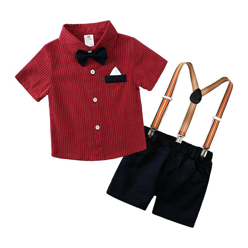 Gentlemen's Shirt Set Boys' Formal Set Striped Short Sleeved Tie Shirt Suspender Pants Birthday Set