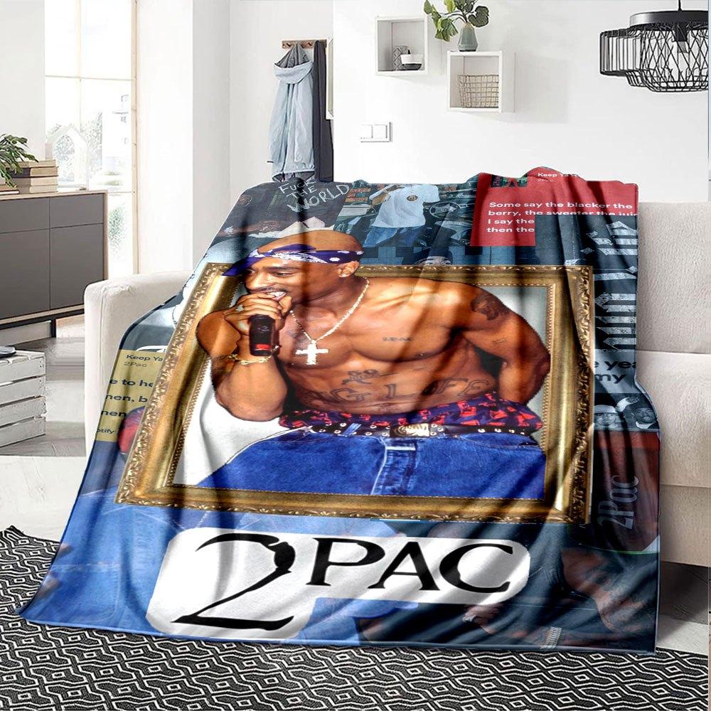 1pc 2PacHip Hop Blanket Soft Lightweight All Season Multi Purpose Throw for Sofa, Bed, Office & Picnics, French Style with Iconic Album Art & Quotes