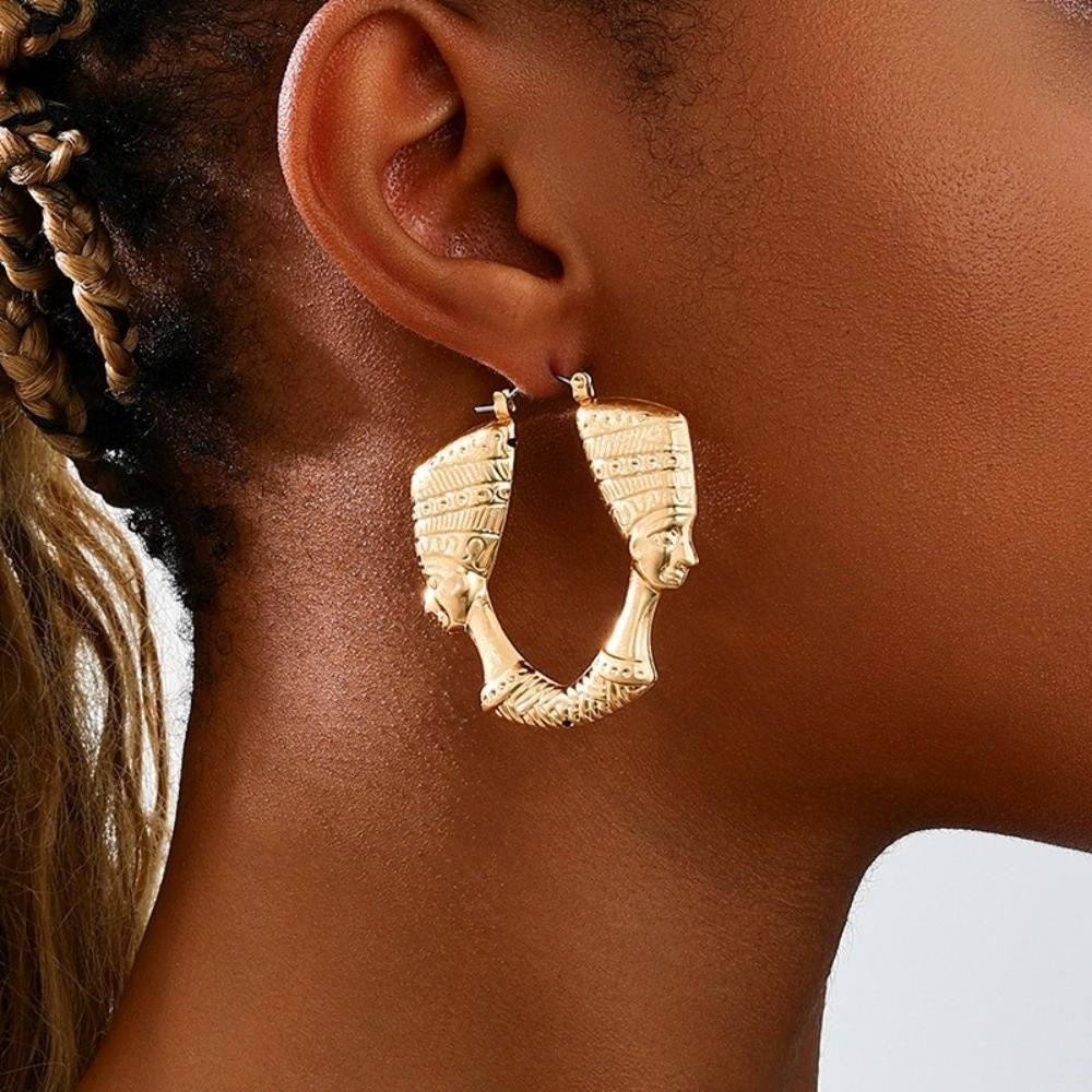 Exaggerated Portrait Earrings Gold Circular Hoop Earrings  Holiday Style