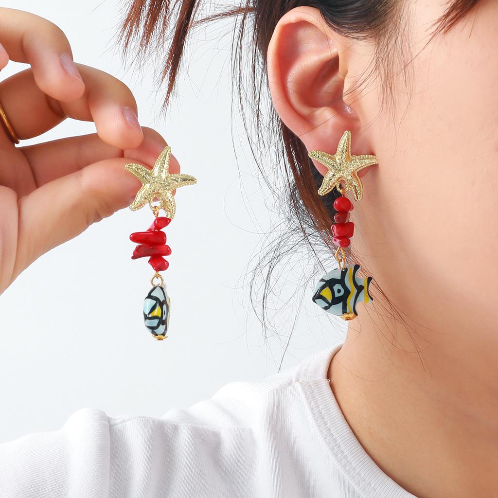 2025 Colorful Ceramic Fish Drop Glaze Earrings for Women Starfish Stone Beaded Earrings  Beach Style Summer Jewelry Accessory