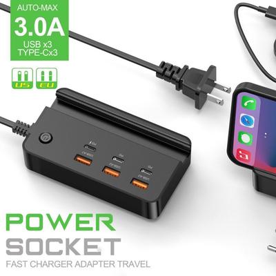 Tomada Carregador de Telefone USB Tipo C 35W 6 Portas Carregamento Rápido Régua de Energia de Mesa Com Suporte Para Telefone Para iPhone Samsung Xiaomi