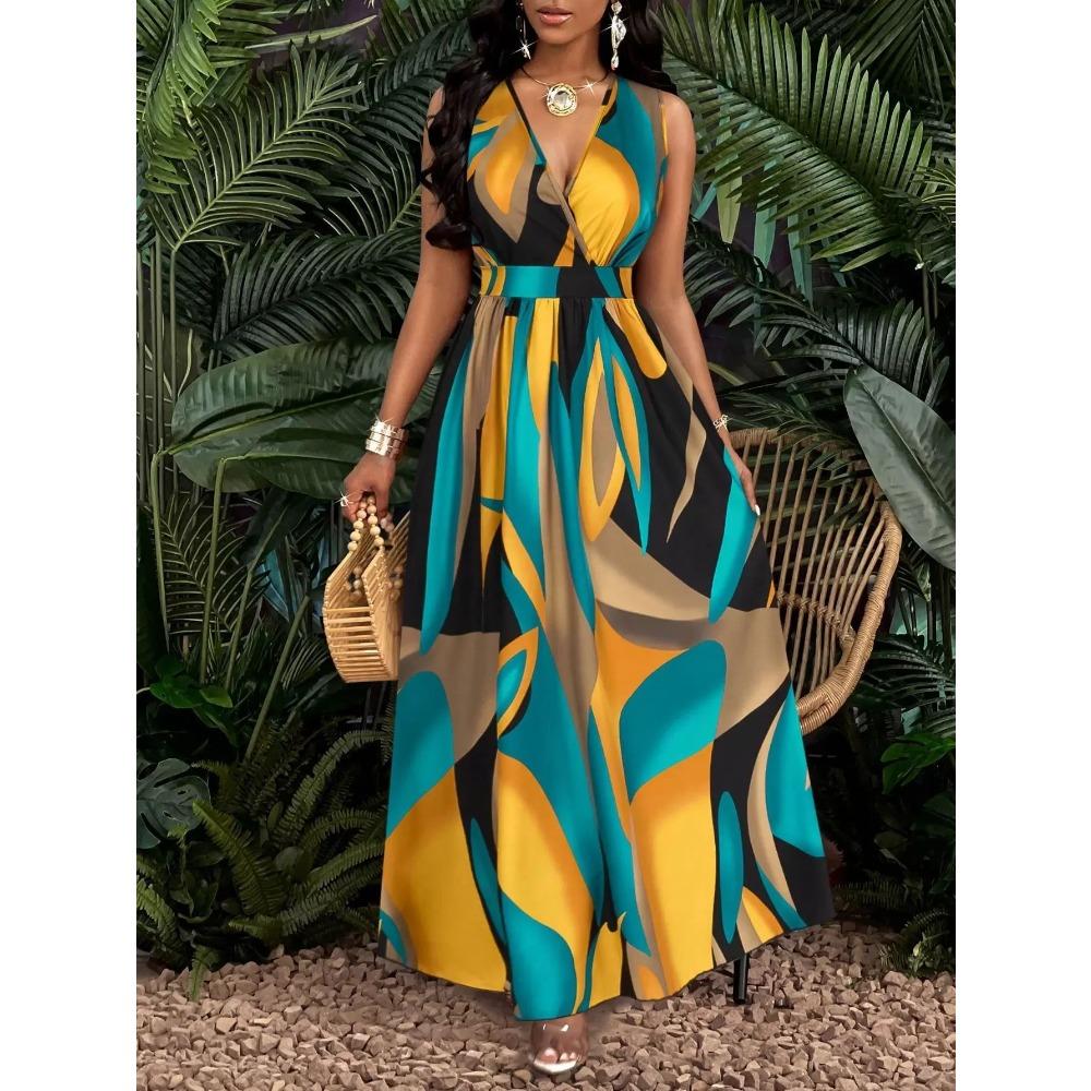 Women s Geometric Print Sleeveless Deep V-Neck A-Line Maxi Dress S жёлтый