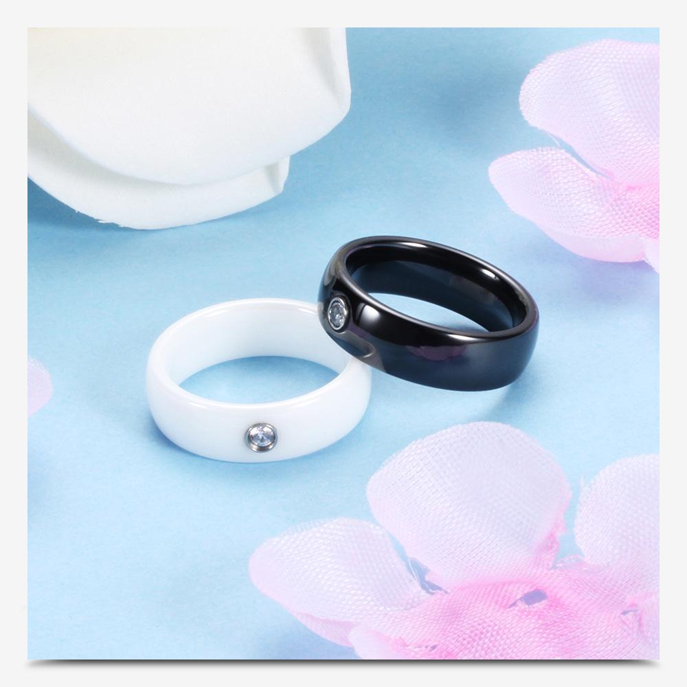 6MM Black & White Ceramic Single Diamond Ring - Trendy Couple's Fashion
