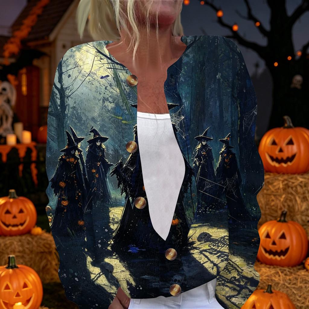 Womens Halloween Print Long Sleeve Knit Cardigan Button Up Sweater Coat Lightweight Casual Outerwear for Fall and Winter