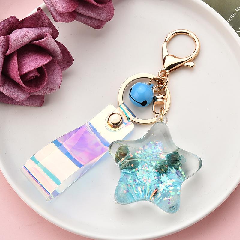 Korean Style Acrylic Quicksand Starfish & Seashell Keychain with Iridescent Laser Leather Cord