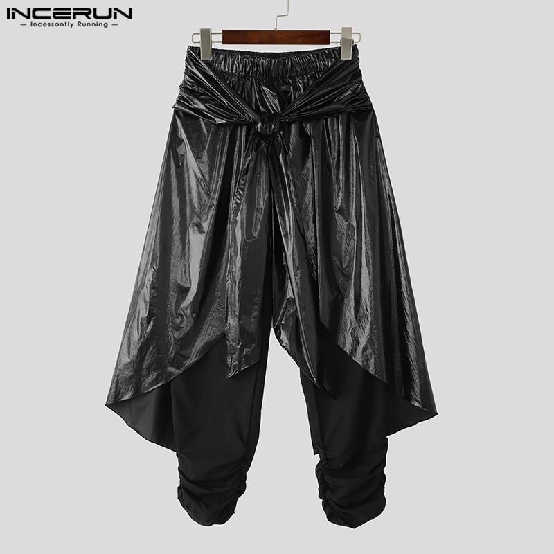 INCERUN Men Elastic Waist Bandage Glitter Layers Casual Irregular Harem Pants