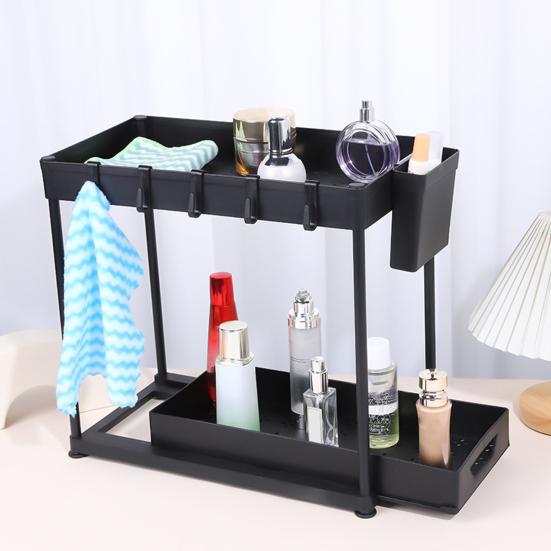 Bathroom Storage Rack with Hooks Pockets Drainage Double-layer Large Capacity And Pull-out Drawer Anti-skid
