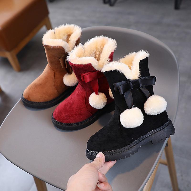 Cozy Cute Girls Winter Snow Boots Plush Pom Pom Warm Fleece Lined Mid Calf Zip Up Rubber Sole Brown Red Black Youngsters