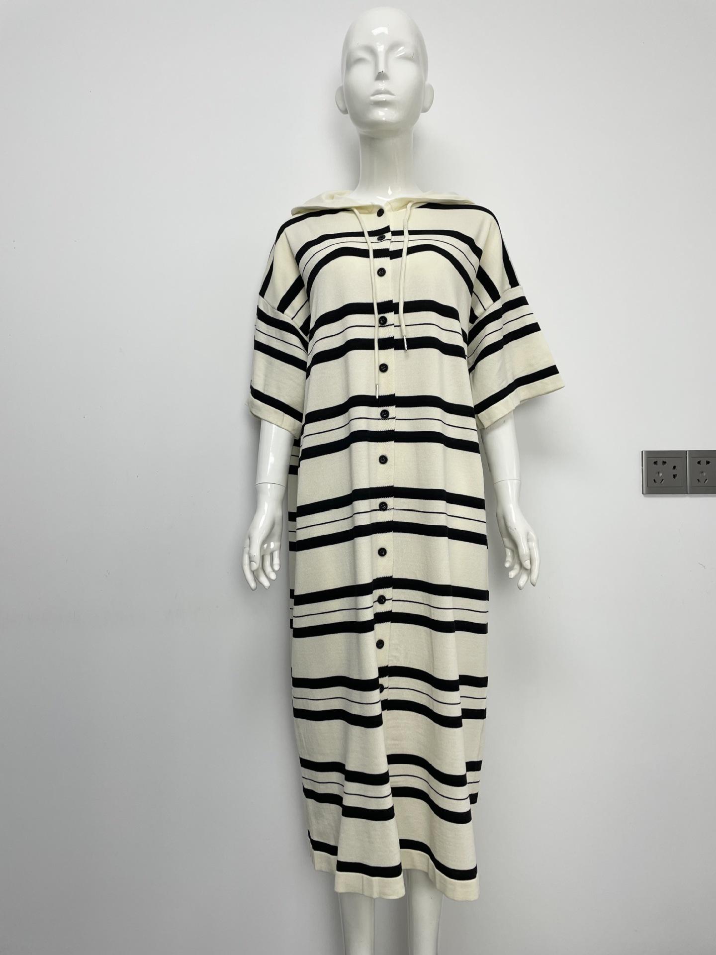 

Spring Autumn Five-Sleeve Plus Size Striped Hooded Dress with Drawstring M