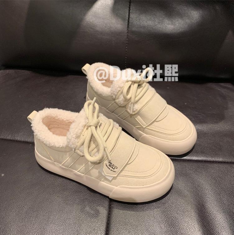 TP latex insole fleece board shoes women's new winter lace-up Velcro double combined lamb fleece cotton shoes
