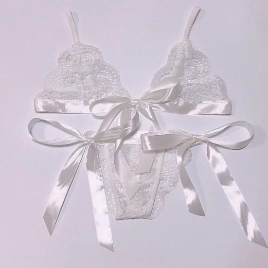 2 Pcs/Set Bra Panties Set Lace Uo Bow-knot See-through Lace V Neck Spaghetti Strap Three Point Pornographic Lady Underwear Suit