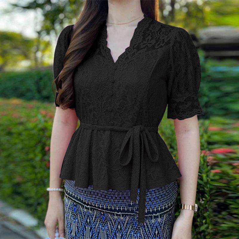 ZANZEA Women Casual V-Neck Short Sleeve Summer Lace Blouse