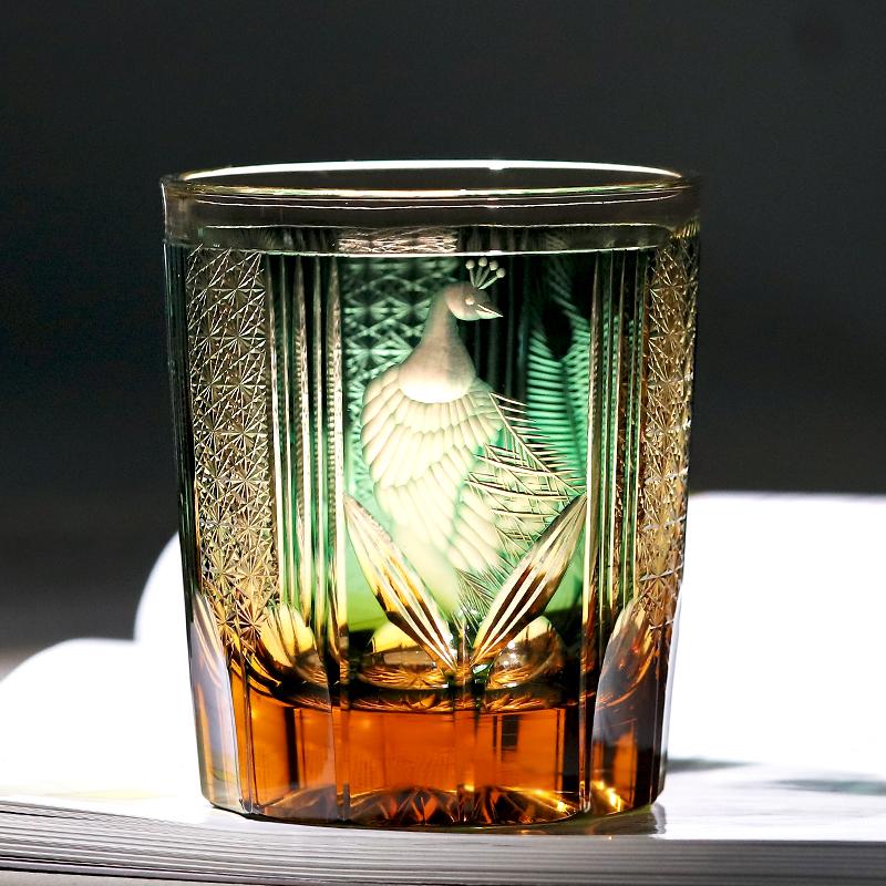 Bicchiere da Vino di Lusso Stile Giapponese Edo Kiriko Verde Blu Cristallo Bicchiere da Whisky Incisione a Mano Pavone Bicchiere da Whisky