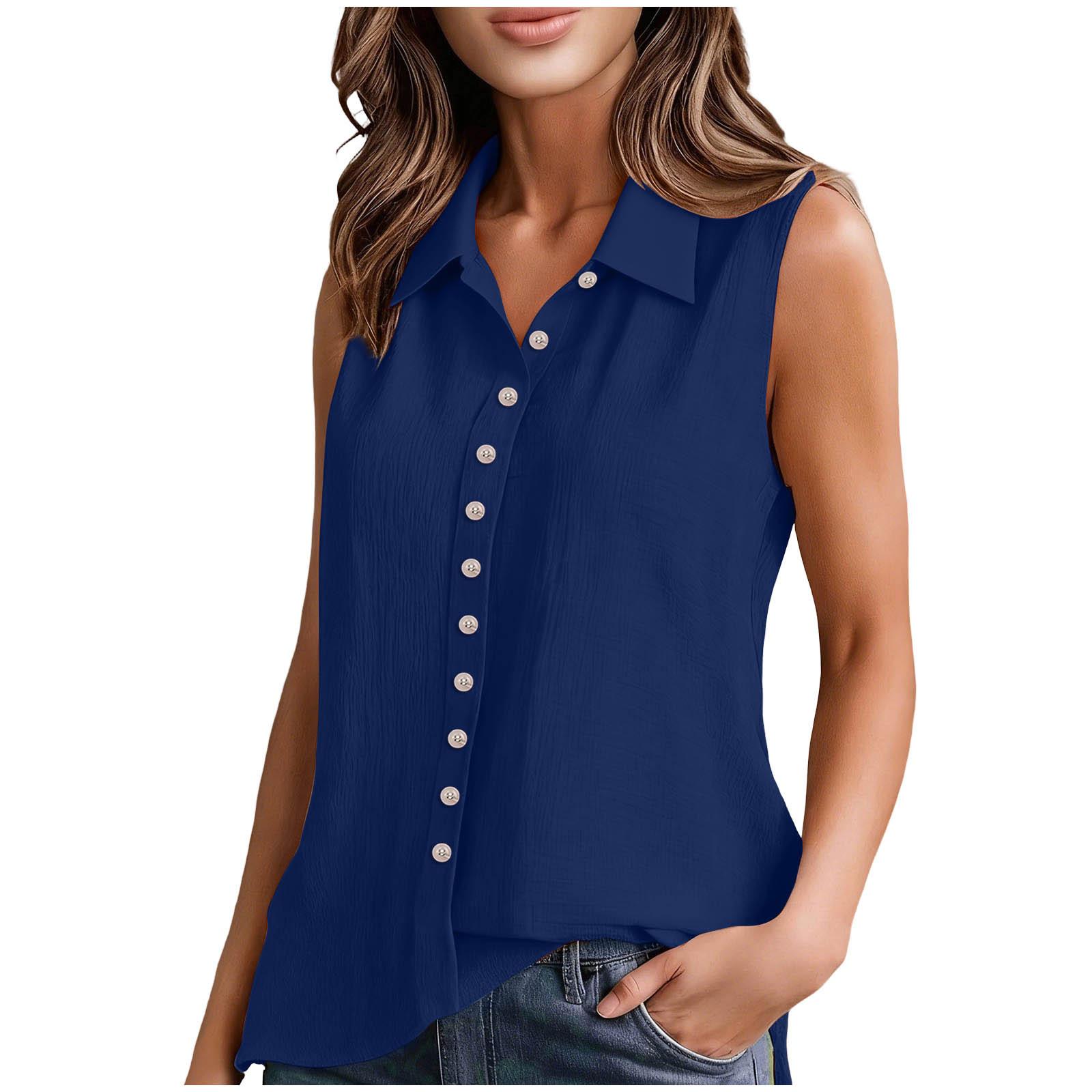 

Sleeveless Button Down Blouse for Women Classic Collared V Neck Shirt Top Relaxed Fit Lightweight Fabric S тёмно-синий