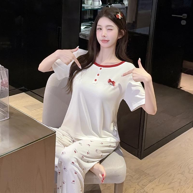 Oh Mi Da thin Modal pajamas women's summer short-sleeved sweet print lazy high-end loungewear can be worn outside
