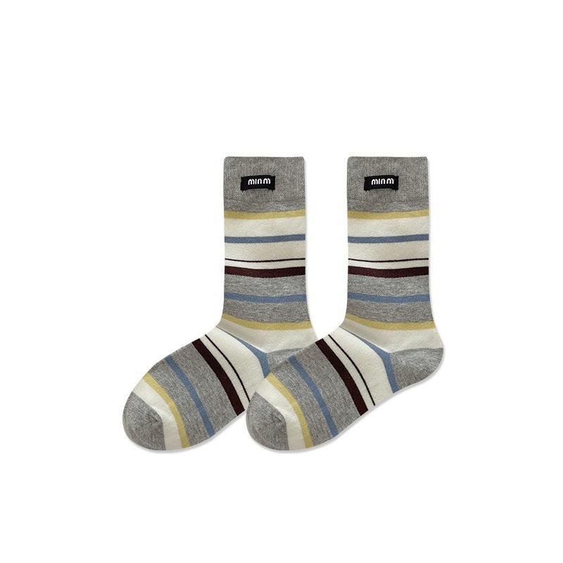 

Grey Striped Fabric Label Socks, Women s Mid-calf Socks, Autumn Cotton Socks, Sports Long Socks for Autumn and Winter 1 pair