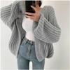 Versatile Casual Solid Color Loose Knitted V Neck Lantern Sleeve Autumn Cardigan Sweater Jacket