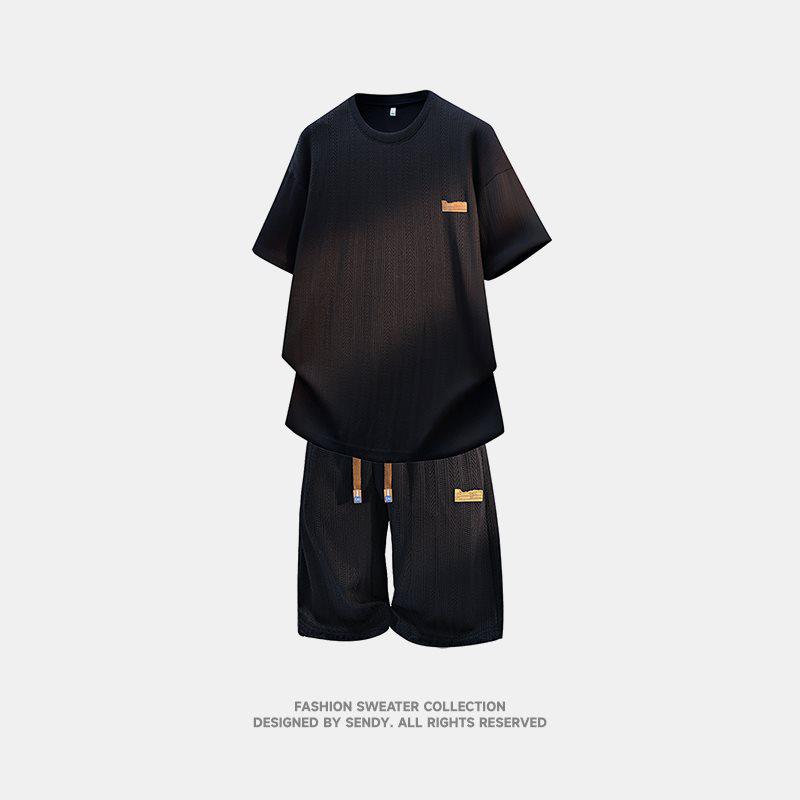 Men s Summer Trendy Loose Fit Jacquard Five-Point Sleeve T-Shirt M
