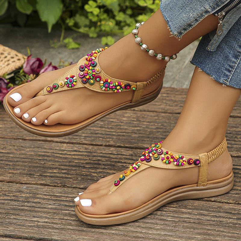 Lucyever Sommer Zehensteg Böhmische Sandalen Damen Mode Schnur Perle Flache Absätze Sandalen Frau Rutschfeste Sohle Strand Flip Flops Mujer
