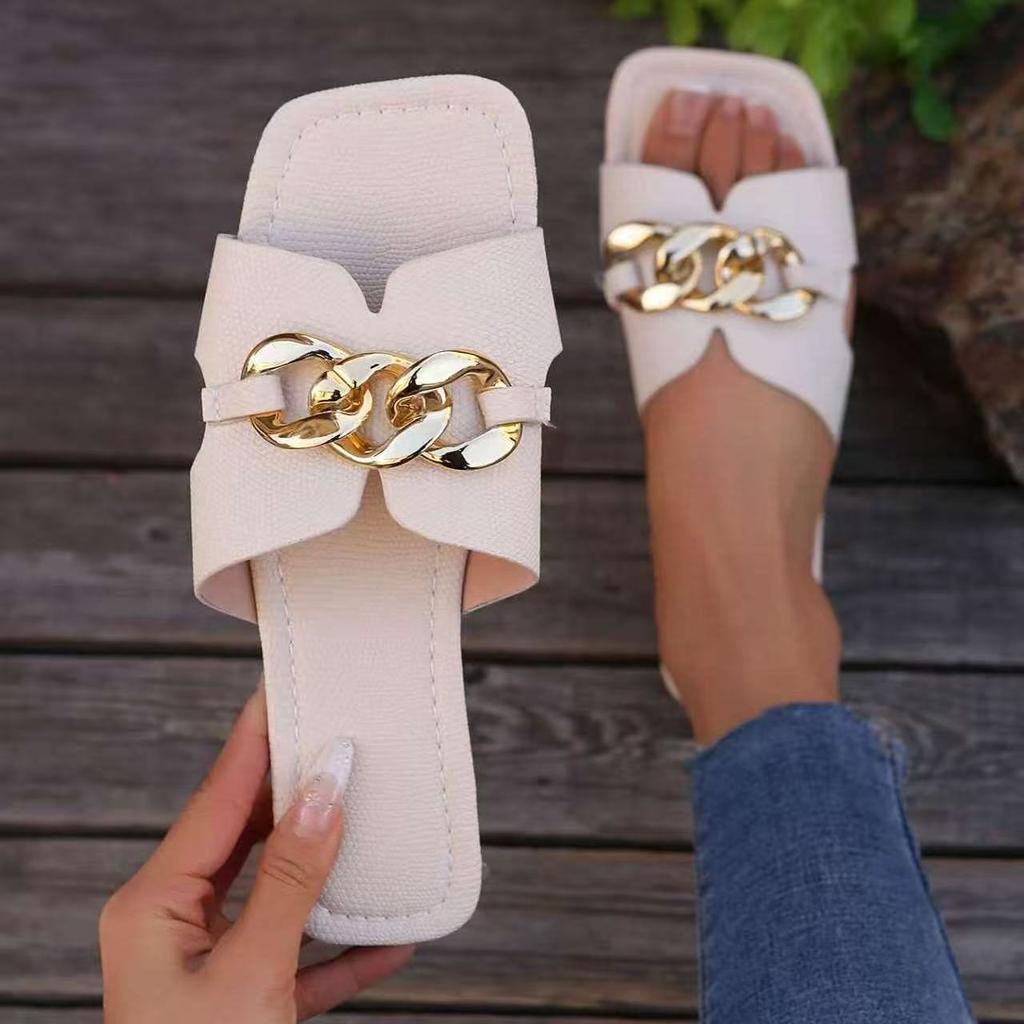 Damen Pantoffeln 2026 Neue Mode Pantoffeln Quadratische Zehenkette Pantoffeln Strand Metall Dekoration Flache Sandalen Freizeitschuhe Slides Damen